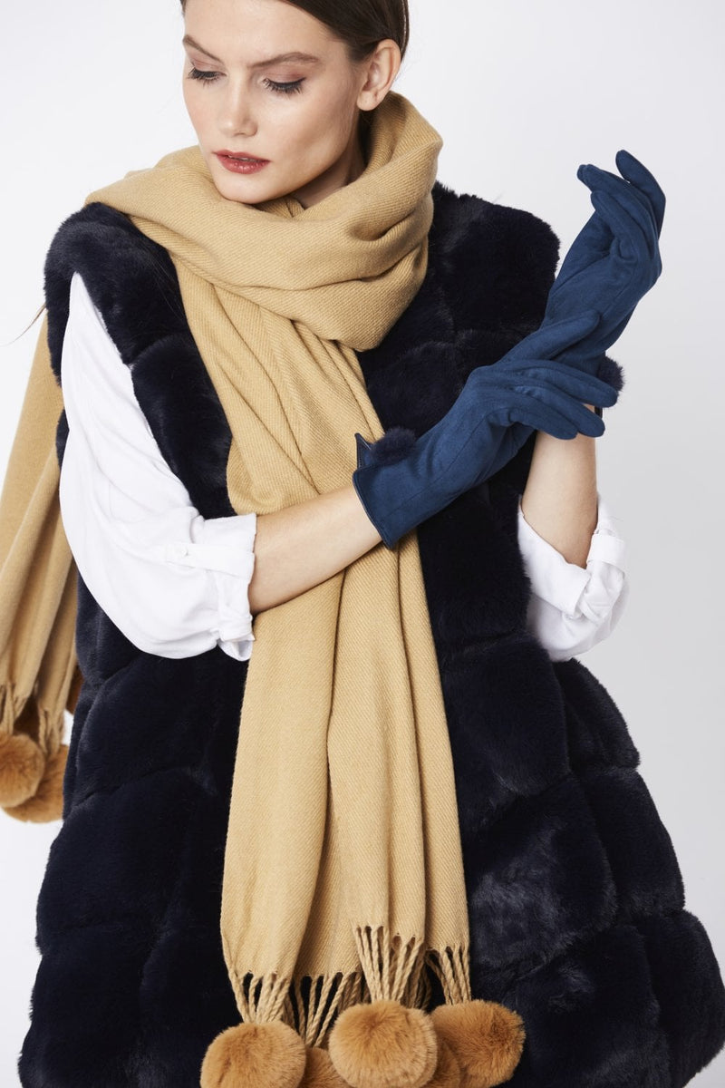 Faux Suede Gloves With Faux Fur Pom- NAVY