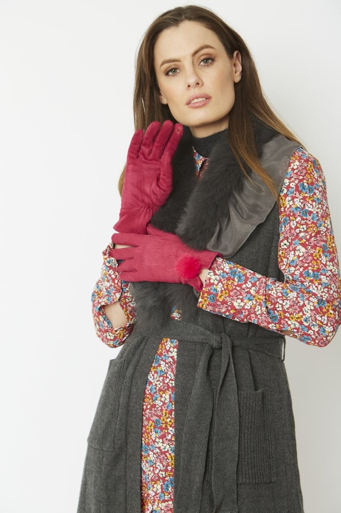 Faux Suede Gloves With Faux Fur Pom- CERISE PINK