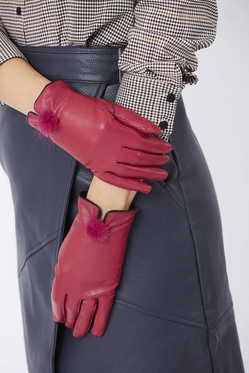 Jayley Leather Gloves with Mink Bobble - Burgundy