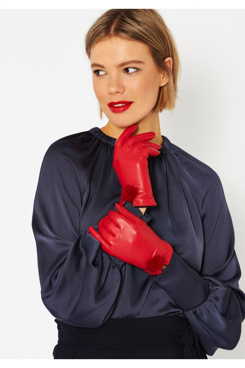 Jayley Leather Gloves with Mink Bobble- CHERRY RED