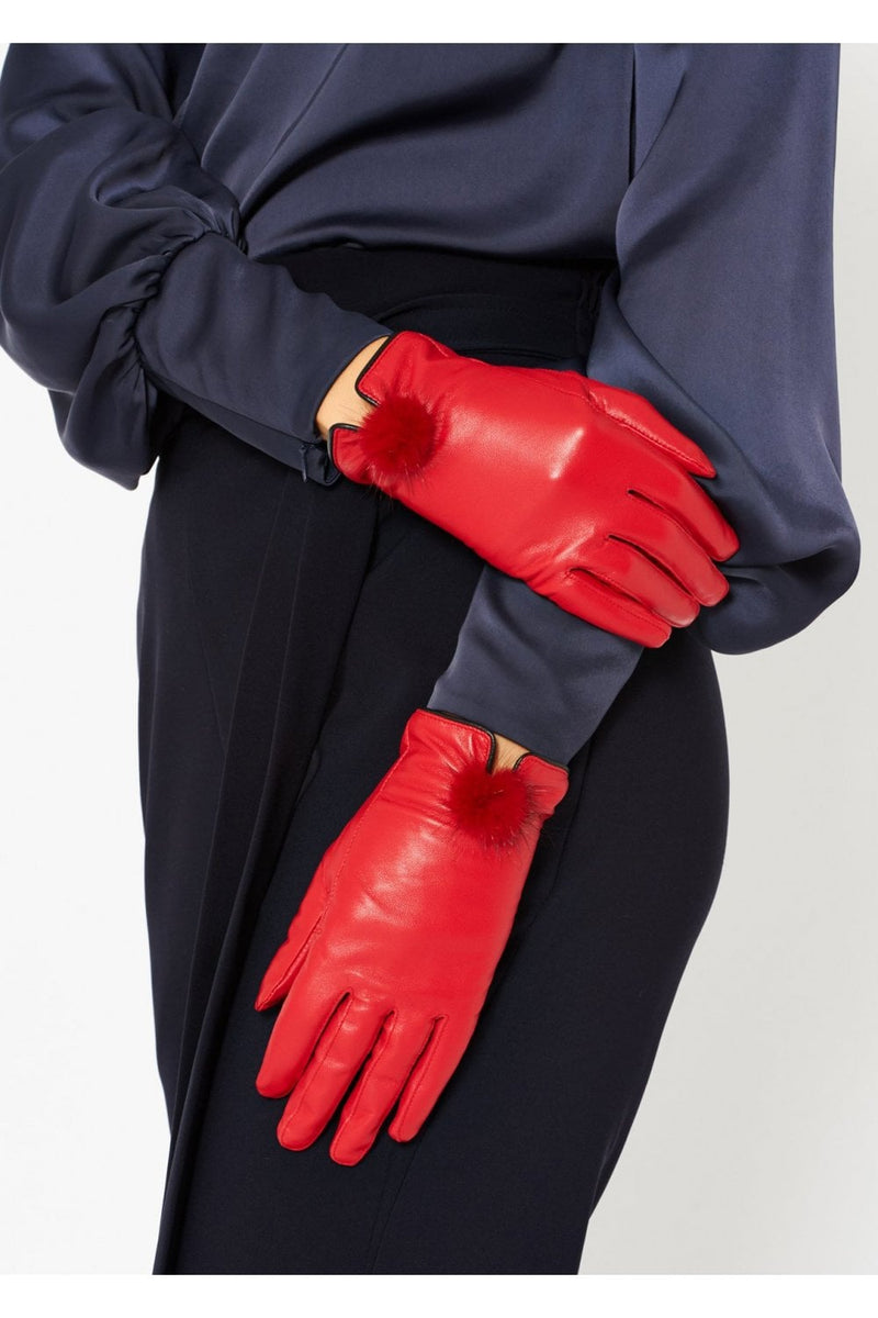 Jayley Leather Gloves with Mink Bobble- CHERRY RED