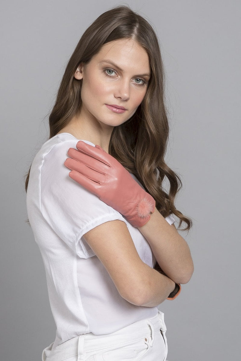 Jayley Leather Gloves with Mink Bobble- PINK
