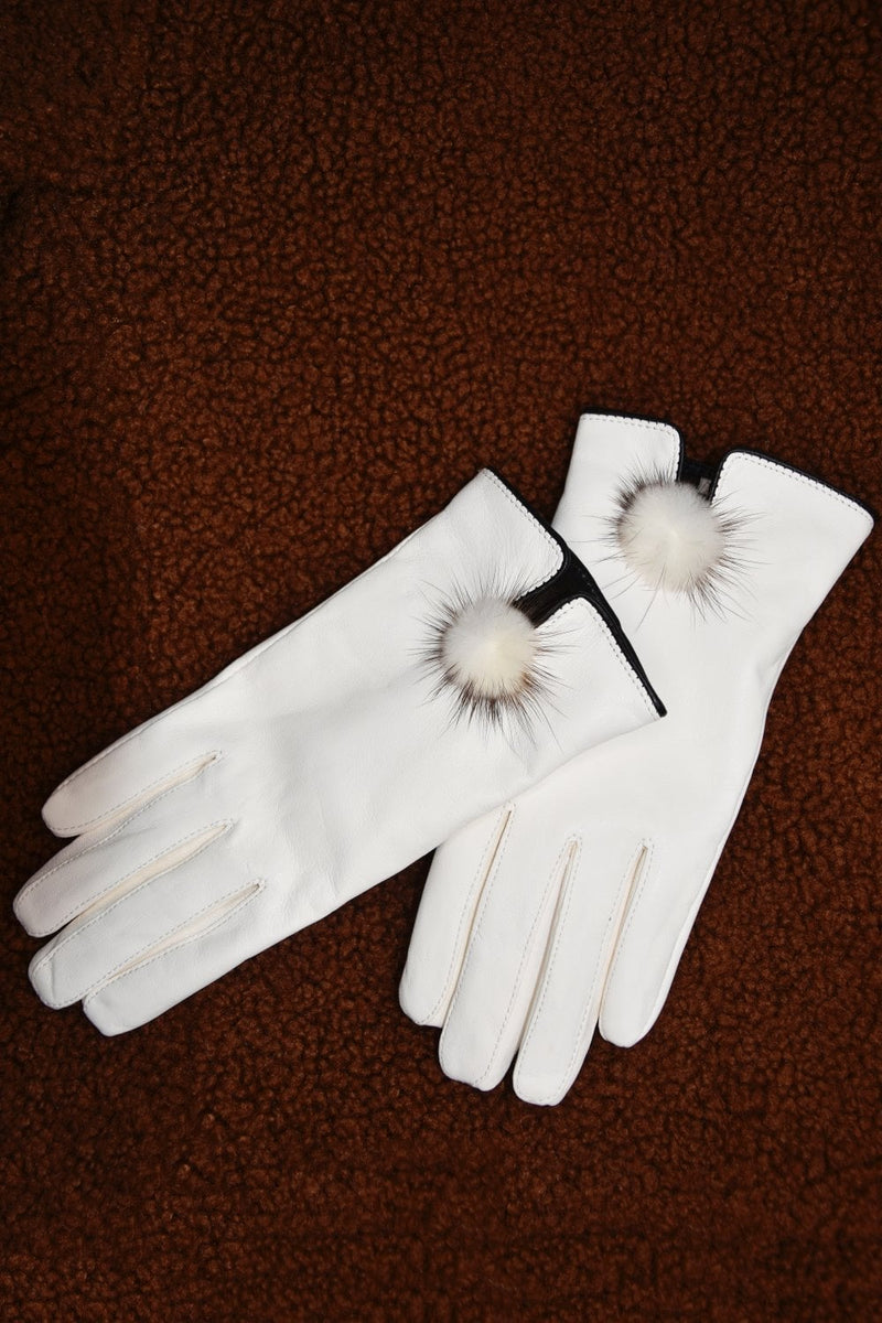 Jayley Leather Gloves with Mink Bobble- CREAM