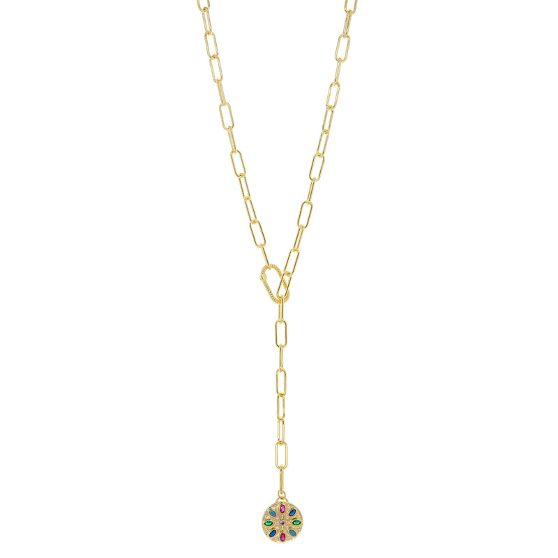 Marlyn Schiff Gold Plated Paperclip "Y" Necklace With Colorful Flower Pendant